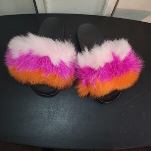 Fluffy Real Rabbit Fur Slide Sandals in Pink, Orange & White